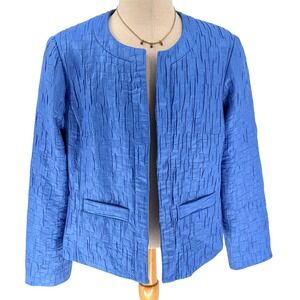 Brandon Thomas Blazer XL Blue Crinkle Textured Open Front Collarless Jacket